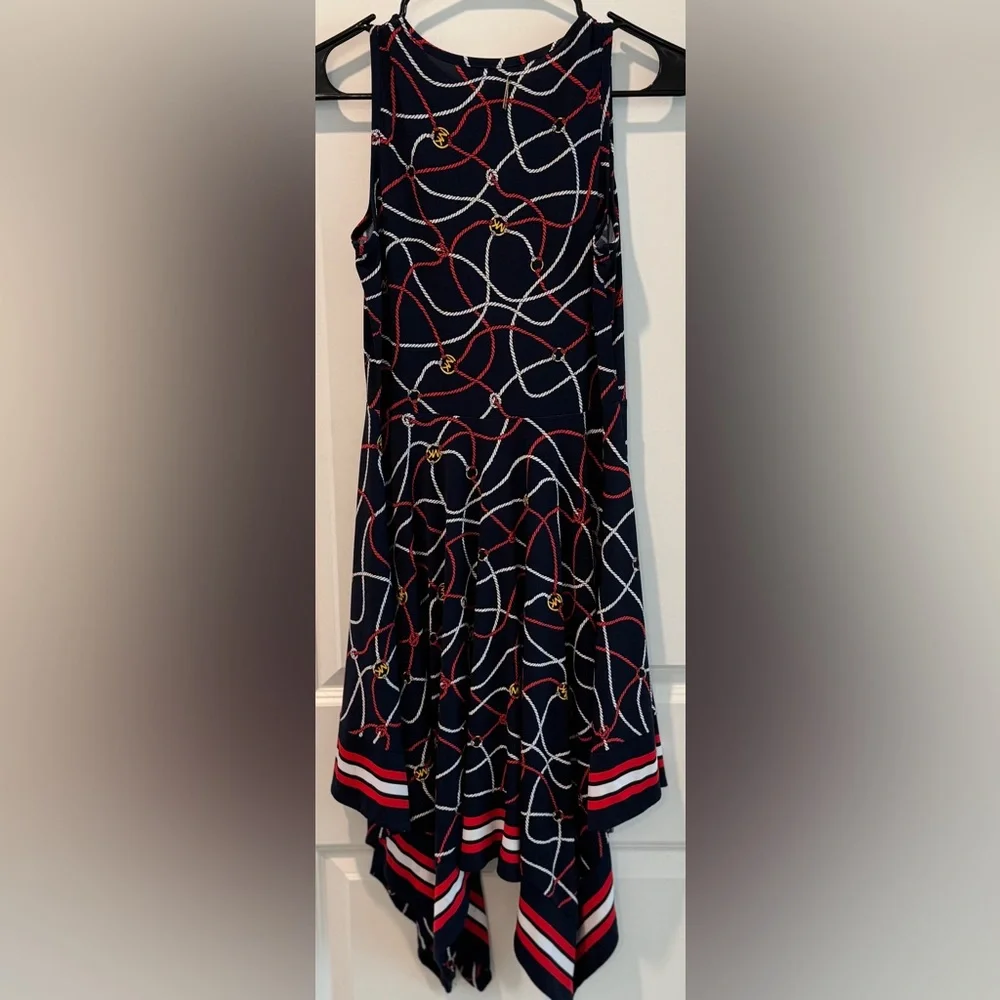 Michael Michael Kors Rope Print Handkerchief Hem Sleeveless Dress Navy Red XSP